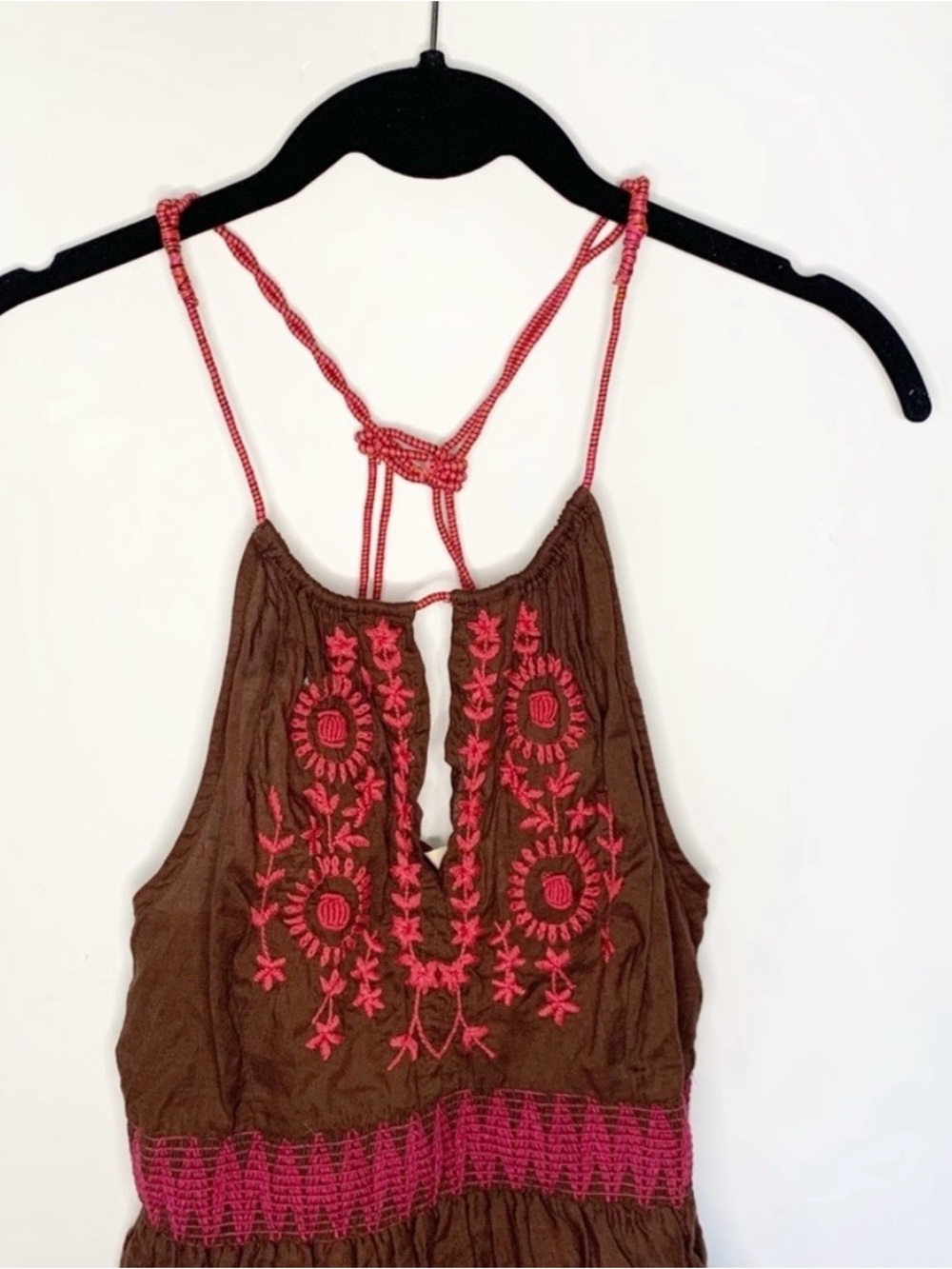 Free People NWOT Brown Floral Embroidered Peplum Key Hole Front Tank Top